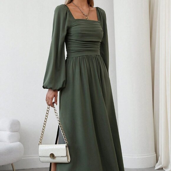 Green Elegant Women's Casual Square Neck Pleated Lantern Sleeve Dress - Picture 5 of 7